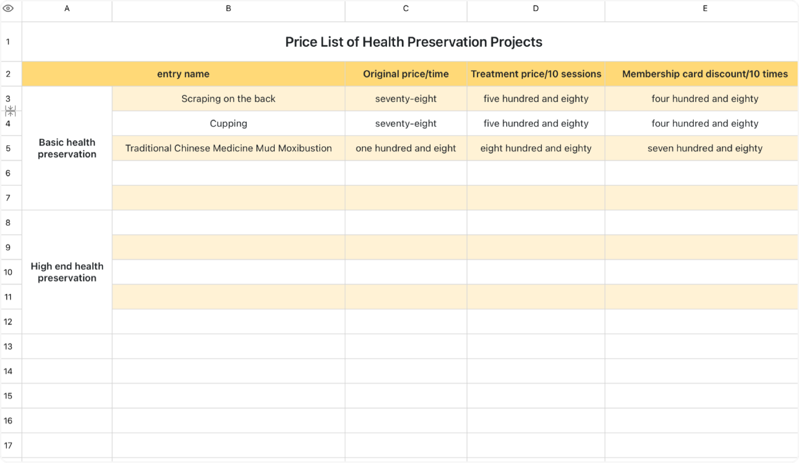 Wellness project price list 1